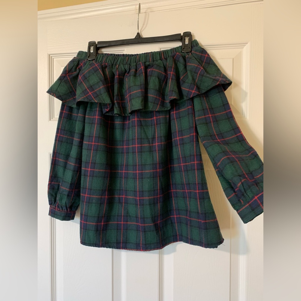 Gibson Latimer Off the Shoulder‎ Long Sleeve Plaid Ruffle Blouse Small